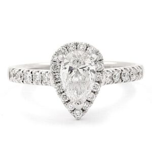 pear diamond with halo and side stones engagement ring